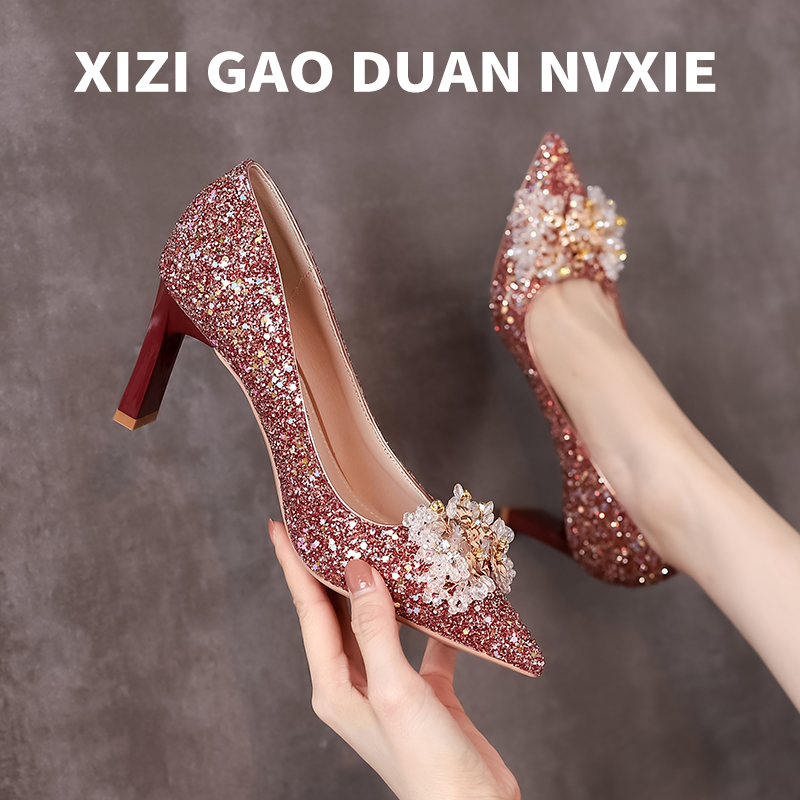 Hong Kong Show Wo Wedding Shoes Women 2023 Elegant Advanced Sensual Style Coarse Heels Chinese Bridal Shoes Red Heels-Taobao