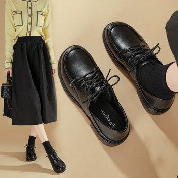 Black Work Leather Shoes for Women 2025 New Versatile Flat Leather British College Style Loafers Lace-Up Single Shoes