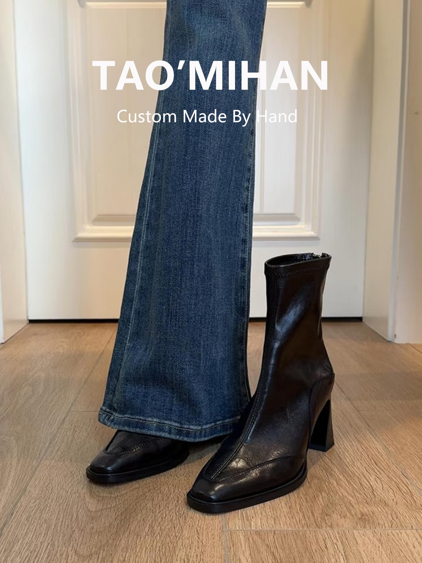 High-Heeled Short Boots for Women 2025 Autumn and Winter New Square-Toe Martin Boots Black Fleece-Lined Thick Heel Elastic Slim Boots