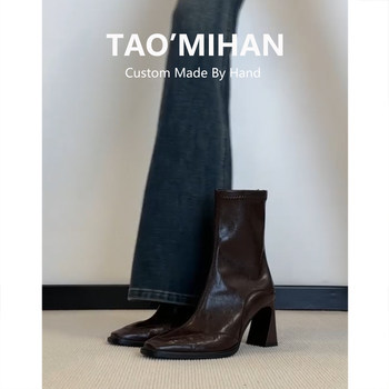 High-Heeled Martin Boots for Women, 2025 Autumn and Winter New Style, Fleece-Lined, Soft Leather, Slim Boots, Square Toe, Chunky Heel, Short Boots