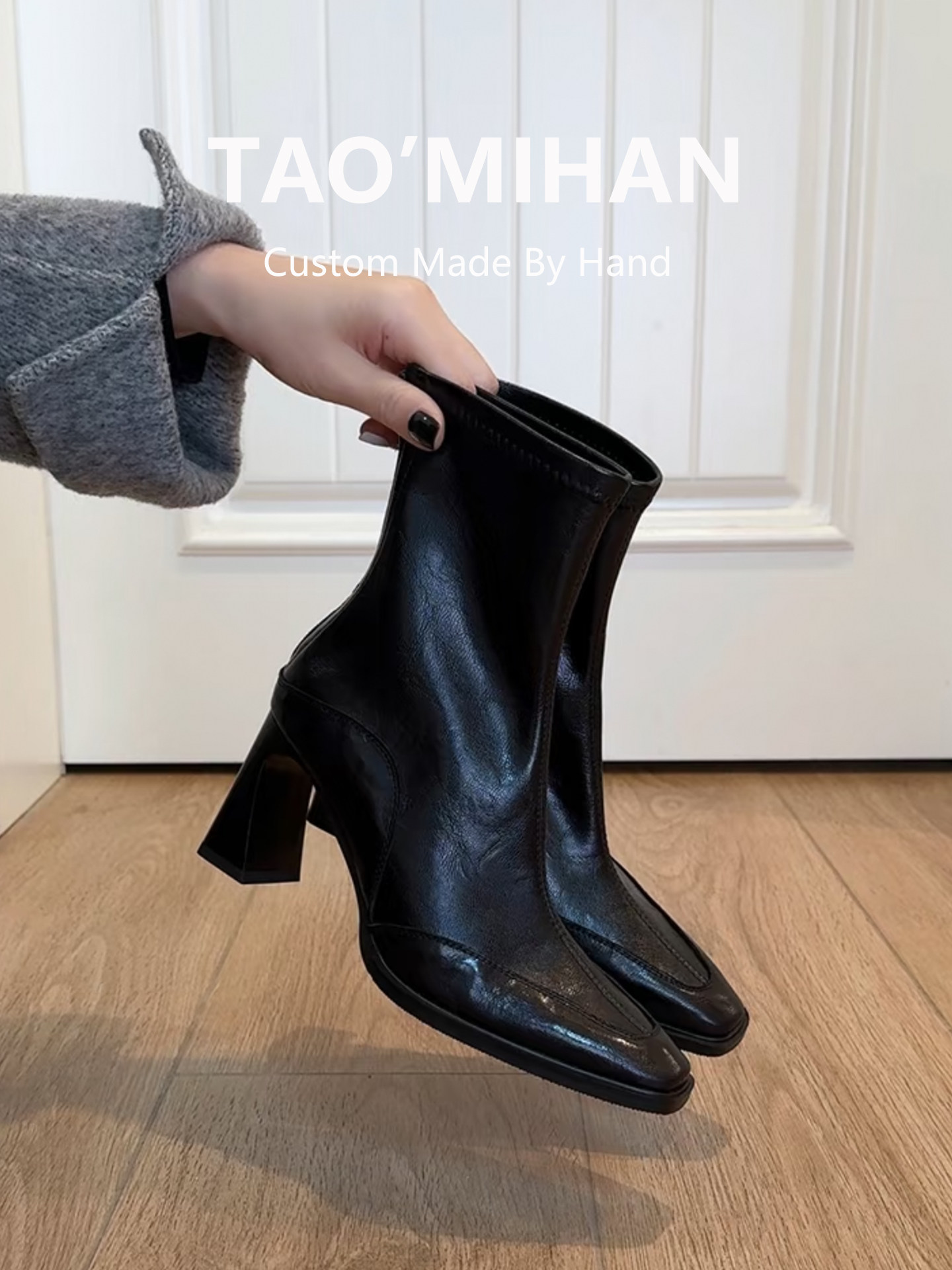 High-Heeled Short Boots for Women 2025 Autumn and Winter New Square-Toe Martin Boots Black Fleece-Lined Thick Heel Elastic Slim Boots