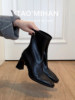 High-Heeled Short Boots for Women 2025 Autumn and Winter New Square-Toe Martin Boots Black Fleece-Lined Thick Heel Elastic Slim Boots