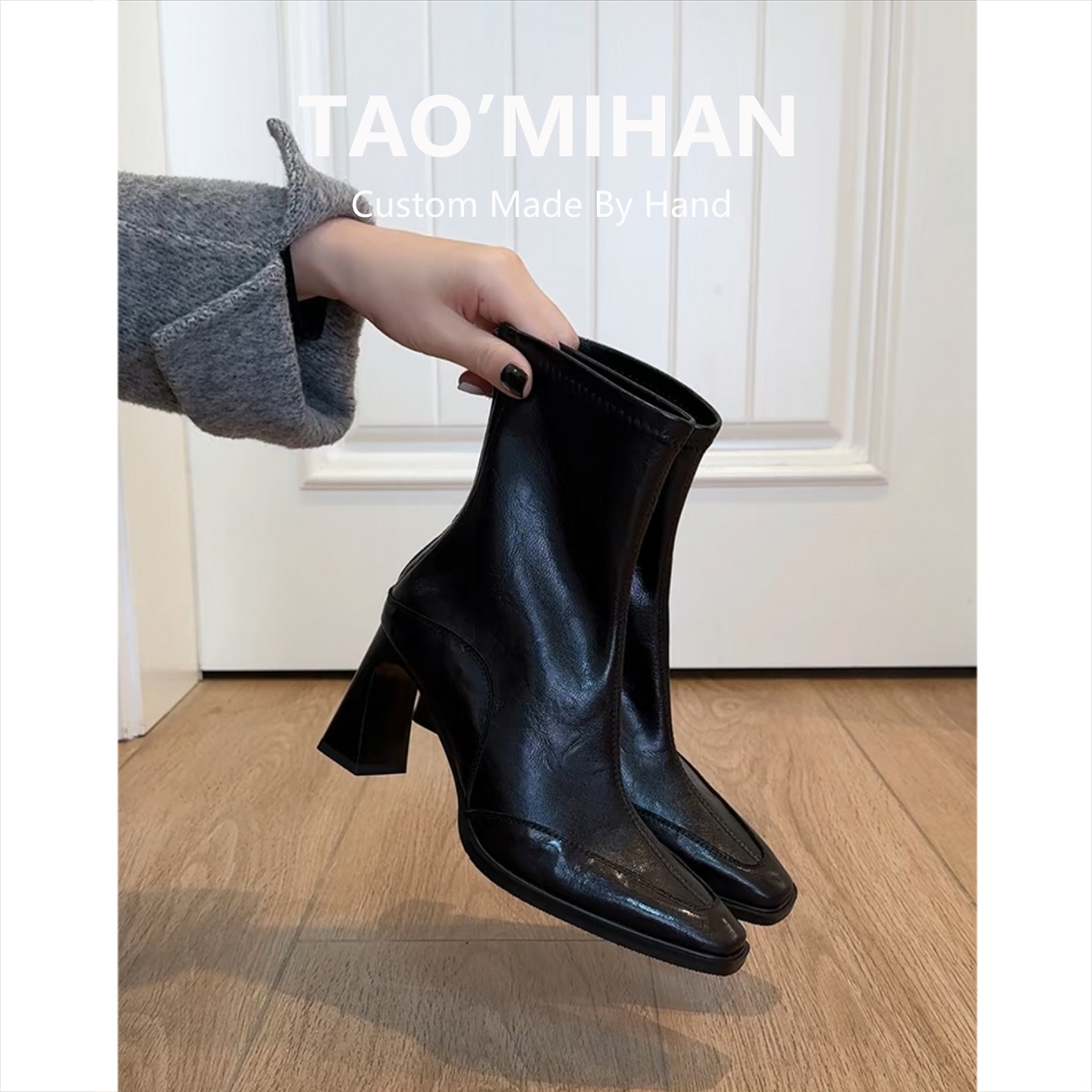 真皮高跟鞋短靴女2025秋冬季新款方头马丁靴黑色加绒粗跟瘦瘦靴子 2