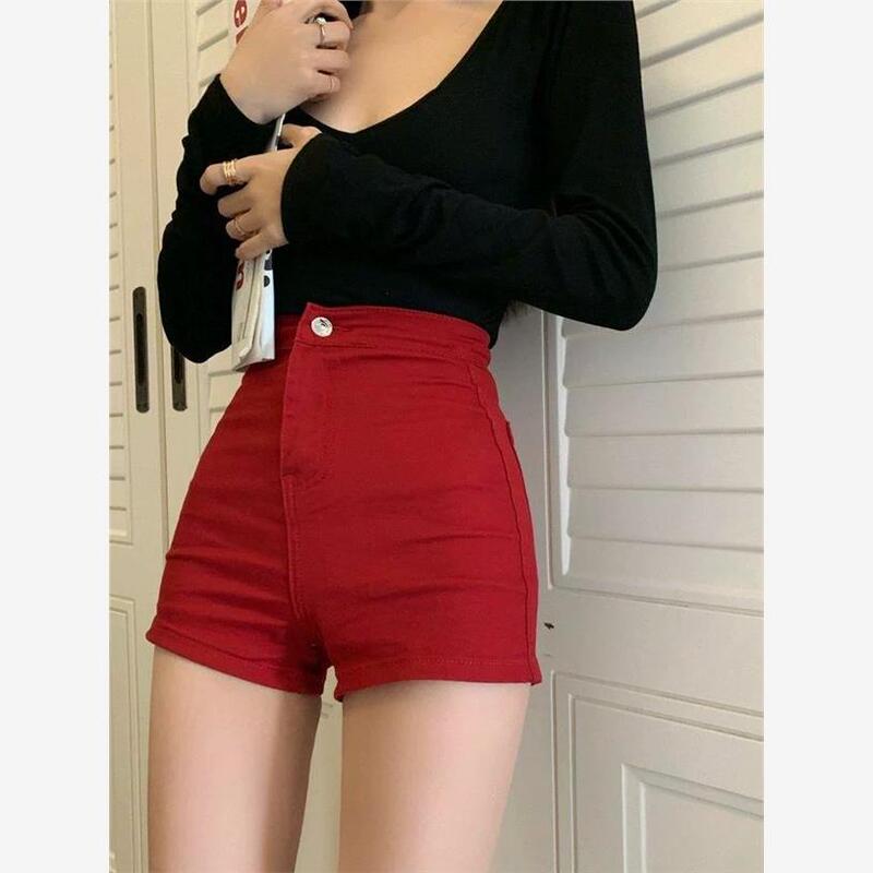 Hot Girl High-Waisted Denim Shorts for Women, Retro Red Hip-Hugging Shorts, Summer Korean Style Versatile Outerwear Straight-Leg Hot Pants Trendy