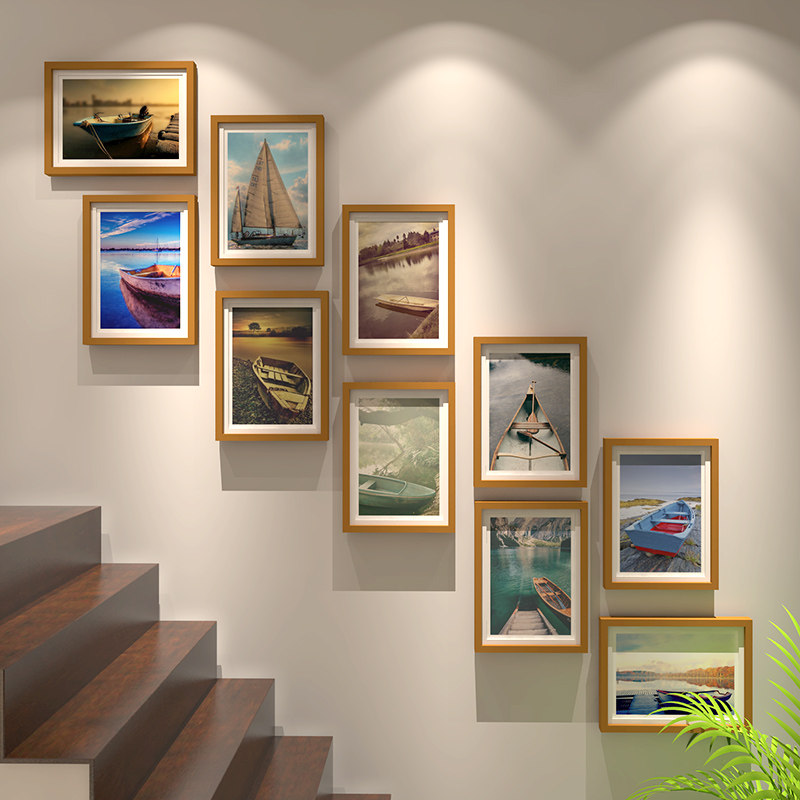 Creative solid wood multi-style staircase photo wall combination living room study office dining room back decoration hanging wall photo frame wall