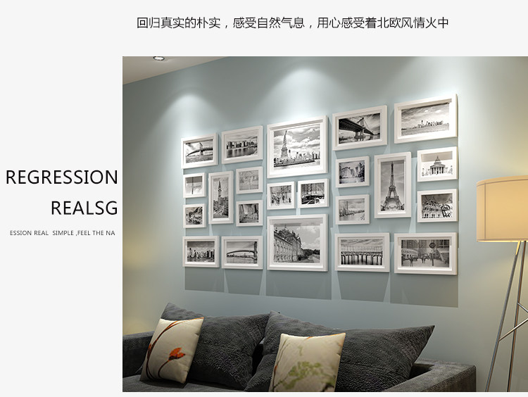 Фотография из натурального дерева, диван, настенная современная и минималистичная фоторамка 