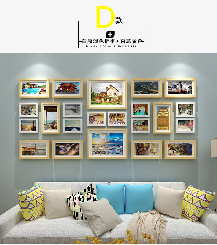 Фотография из натурального дерева, диван, настенная современная и минималистичная фоторамка 