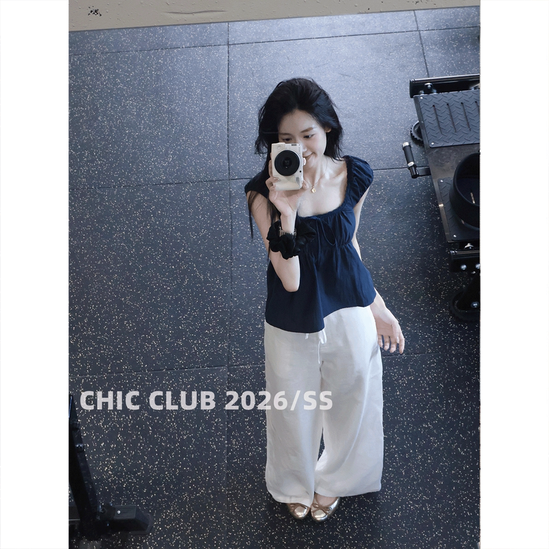 Chic Club 2026/Ss Korean Casual Style Square Neck Lace Trim Tie Puff Sleeve Slimming Top for Women