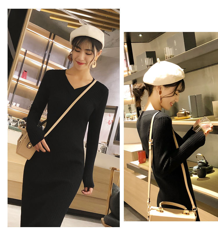 2018 thu đông mới Hàn Quốc áo len dài qua váy dài đến đầu gối Đầm dài cổ chữ V Đầm dệt kim dài tay đầm dài đẹp
