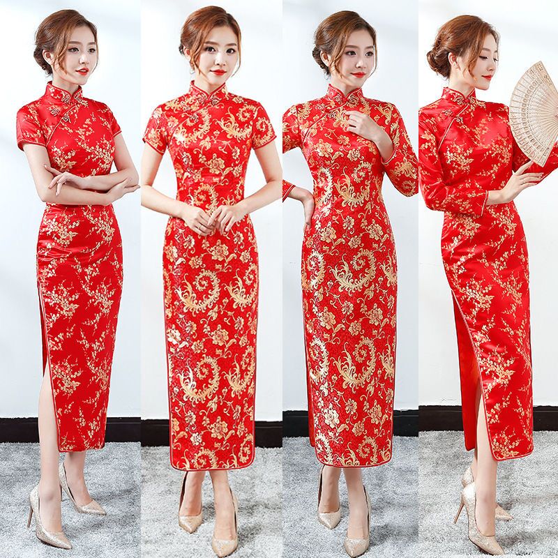 Sexy Slim-Fitting Bright Red Long-Sleeved Cheongsam Dress, Long Style, Ceremonial Hostess Welcome Attire, Wedding Toast Cheongsam Dress