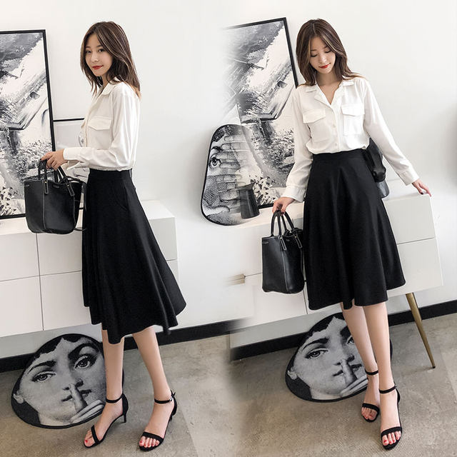 Hepburn style A-line mid-length over-the-knee umbrella skirt 2023 high-waist professional little black dress fashion all-match big swing skirt
