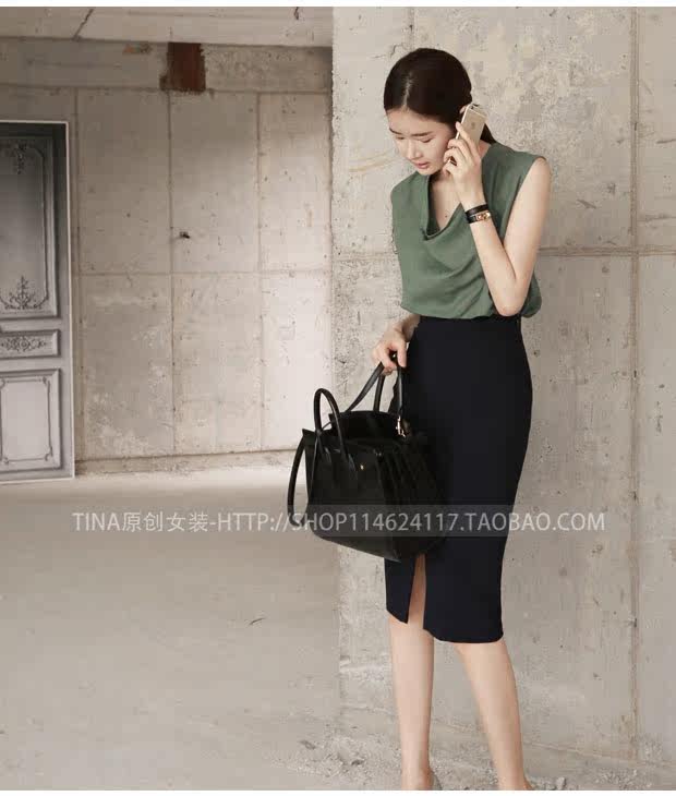 韩国新款春秋开叉半身裙中长款黑色包臀半身气