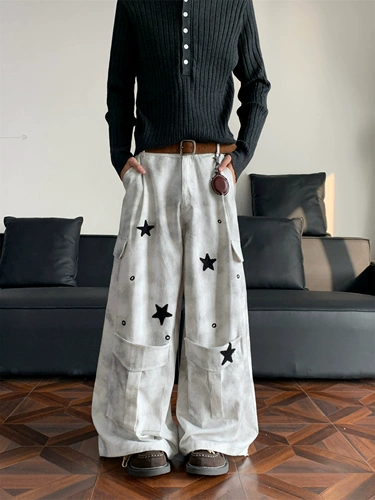 Американский стиль, грязно окрашенные, потертые комбинезоны со звездами, мужские уличные хип-хоп свободные широкие брюки в стиле хип-хоп, джинсы-мачете для мытья полов