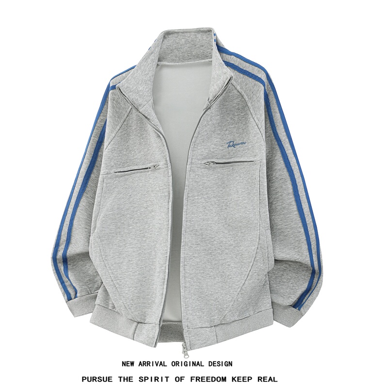 American Retro Contrast Stripesd Gray Sweatshirt Men's Preppy Style Stand-Up Collar Cardigan Outwear Cleanfit Sports Jacket American Retro Contrast Stripesd Gray Sweatshirt Men's Preppy Style Stand-Up Collar Cardigan Outwear Cleanfit Sports Jacket
