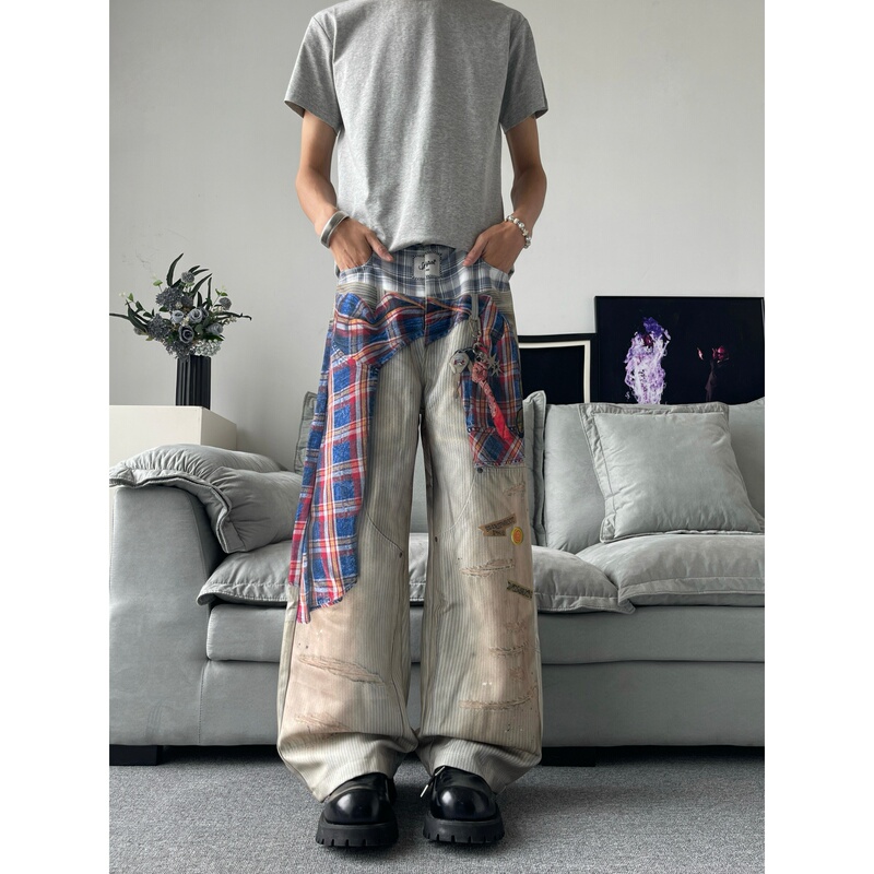 American-Style Plaid Shirt 3D Digital Print Jeans Men's Street Hip-Hop Washed Vintage Trendy Cool Wide-Leg Floor-Length Pants