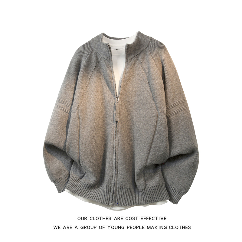 Korean Style Stand-Up Collar Double Zipper Knitted Cardigan for Men, High-End Three-Dimensional Line Cutting, Lazy Style Heavyweight Sweater Jacket