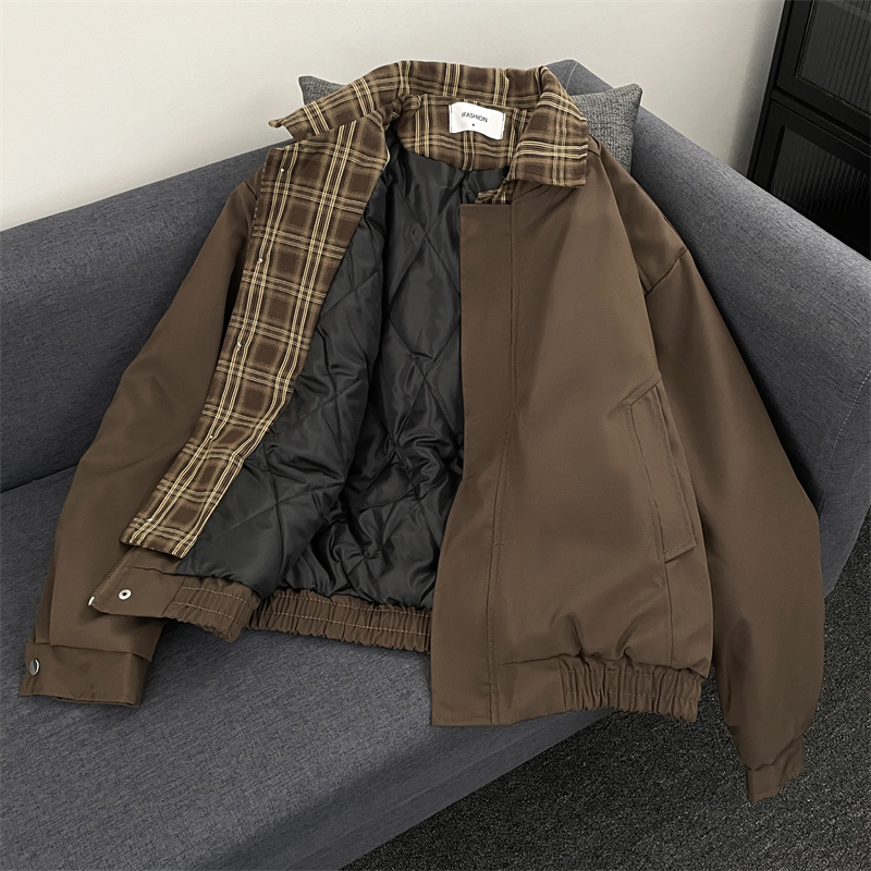 Retro Plaid Fake Two-Piece Jacket for Men, High-End Melard Couple Tops, American-Style Lapel Workwear Flight Jacket Retro Plaid Fake Two-Piece Jacket for Men, High-End Melard Couple Tops, American-Style Lapel Workwear Flight Jacket
