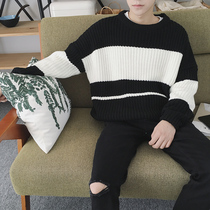 2021 New Hong Kong style striped loose sweater mens round neck Korean fashion casual sweater bat sleeve pullover