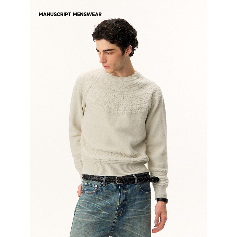 Manuscript Embossed Fair Isle Knit Sweater, Cashmere-Like Lazy Pullover with Round Neck and Jacquard Knit Manuscript Embossed Fair Isle Knit Sweater, Cashmere-Like Lazy Pullover with Round Neck and Jacquard Knit