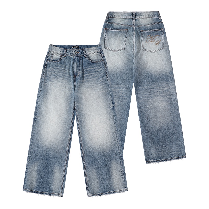 Manuscript Ergonomic Ice Blue Denim 2021m Straight Leg Denim Pants with Three-Dimensional Cat Whiskers Manuscript Ergonomic Ice Blue Denim 2021m Straight Leg Denim Pants with Three-Dimensional Cat Whiskers