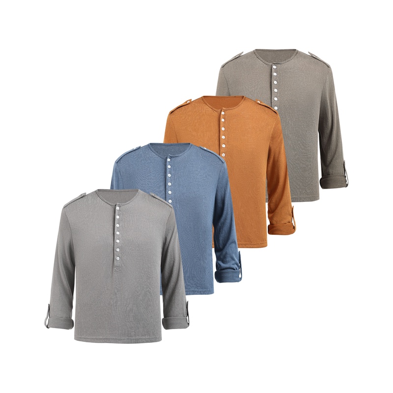 Manuscript Shoulder Patch Buttoned Base Layer Cotton-Linen Blend Henley Collar Commuter Regular Shoulder Knit Long-Sleeve T-Shirt