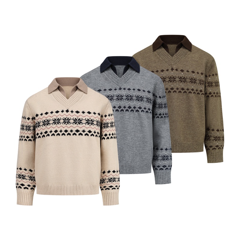 Manuscript Fair Isle Fake Two-Piece Sweater, Imitation Cashmere Christmas Jacquard Retro Lapel Polo Knitwear