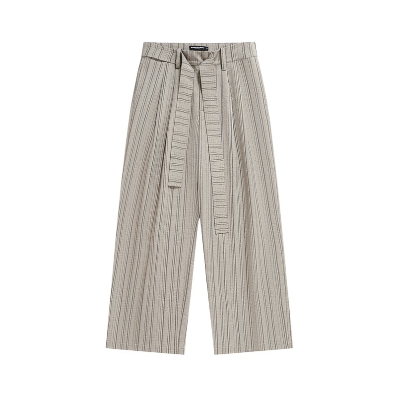 Manuscript Belted Striped Trousers, Linen Texture, Ribbed Drape, Blended Holiday Style Baggy Trousers Manuscript Belted Striped Trousers, Linen Texture, Ribbed Drape, Blended Holiday Style Baggy Trousers