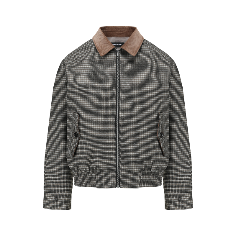 Manuscript Houndstooth Jacket Corduroy Collar Prince of Wales Old Money Style Jacket Barn Style Top