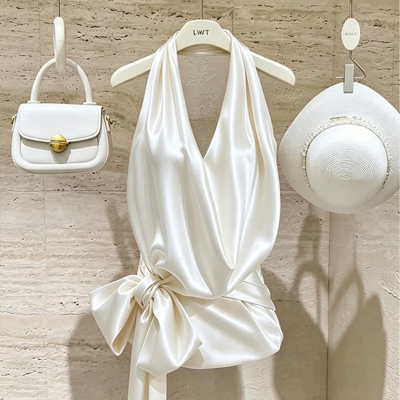 French-Style Satin Halter Neck Camisole for Women, Summer Waist-Cinching Design, Unique Tie-Up Off-Shoulder Chic Top French-Style Satin Halter Neck Camisole for Women, Summer Waist-Cinching Design, Unique Tie-Up Off-Shoulder Chic Top