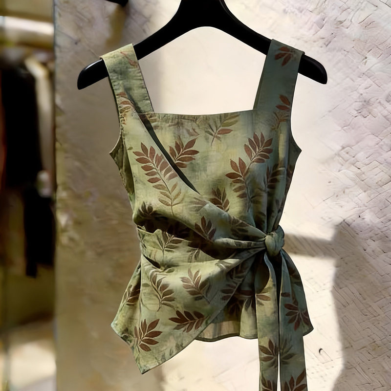 Vintage Leaf Print Square Neck Camisole for Women, Summer Waist-Cinching Tie Design, Unique Irregular Chic Top Vintage Leaf Print Square Neck Camisole for Women, Summer Waist-Cinching Tie Design, Unique Irregular Chic Top