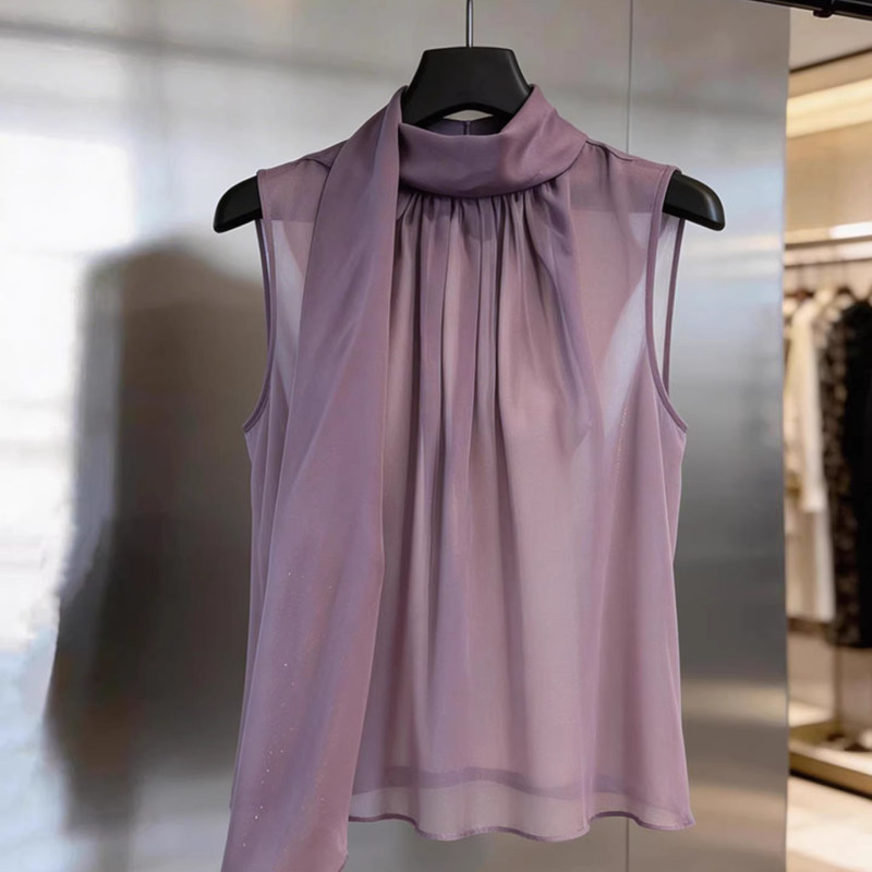 French-Style Chiffon Sleeveless Shirt for Women, Summer Loose Design, Niche and Stylish Blouse with Ribbon Vest Top