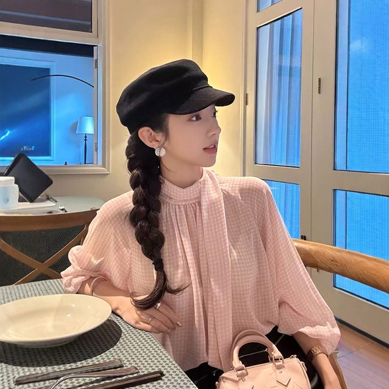 Pink Plaid Long-Sleeved Shirt for Women, Spring and Autumn, Loose Design, Niche Ribbon, High-End Puff Sleeve Top