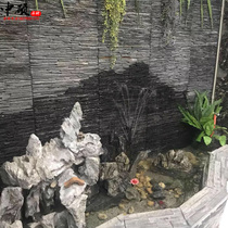 Natural black flowing water stone courtyard garden pool exterior wall water curtain wall indoor living room TV background wall cultural fossil
