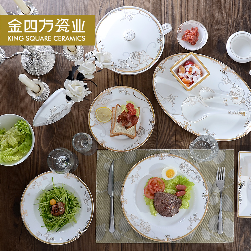 Gold square rose fairy 52 head tangshan ipads porcelain tableware suit European ceramic bowl which suits for the kitchen