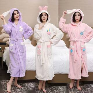 珊瑚绒睡衣女秋冬加厚加长款带帽睡袍冬季保暖吸水浴衣男女款浴袍