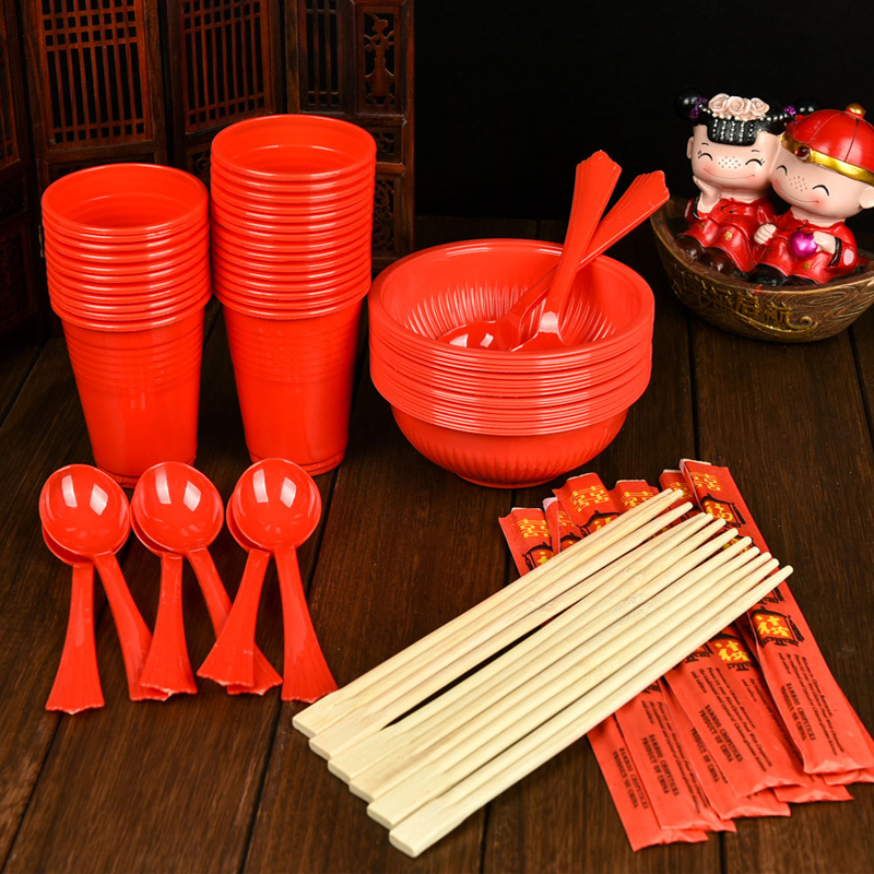Wedding Accessories Wedding Bowl Thickened Disposable Bowl chopstick spoons cup eco-friendly plastic suit red wedding banquet Festive Bowl Chopsticks