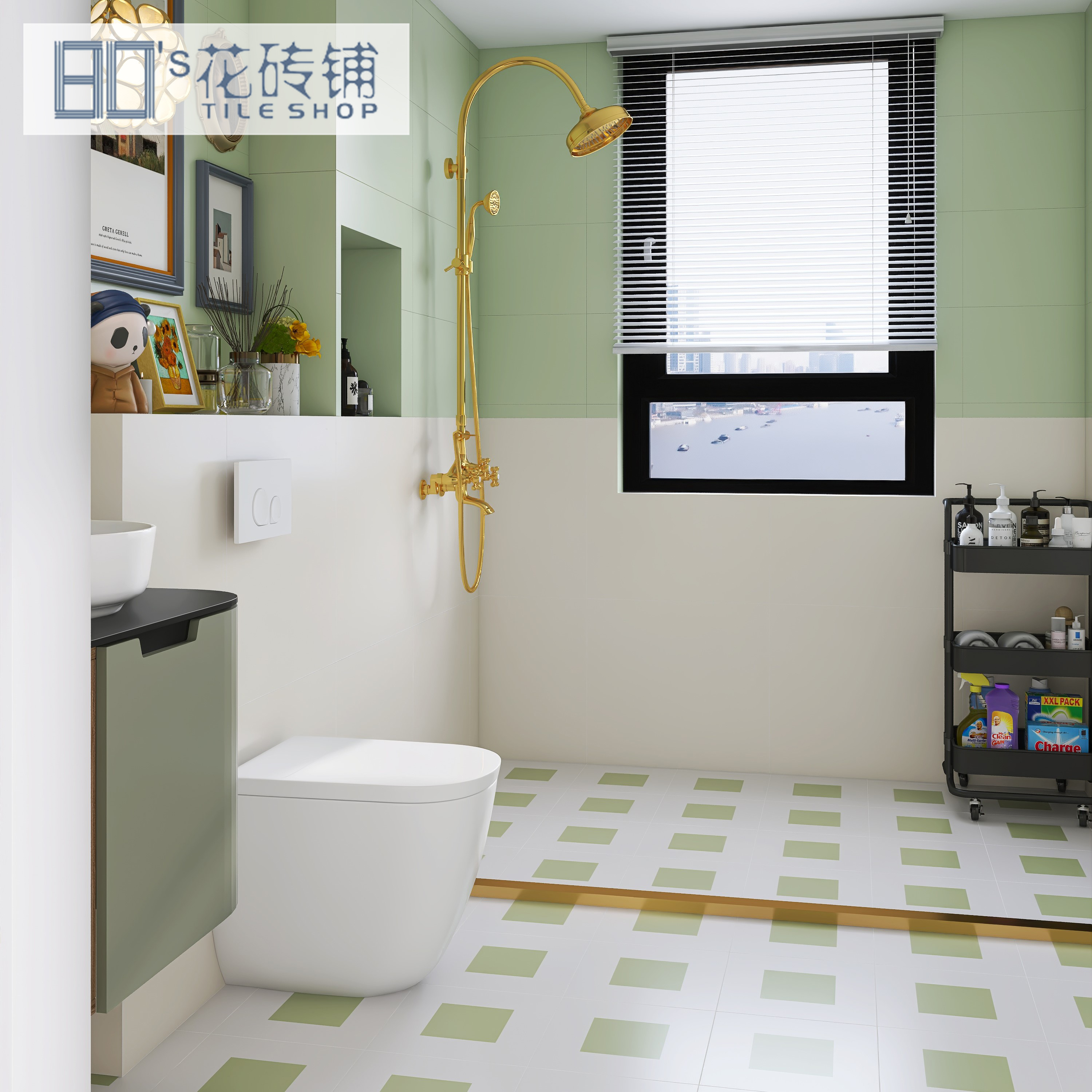 French avocado green tile art retro powder room tile 300X300 toilet bathroom non-slip floor tile