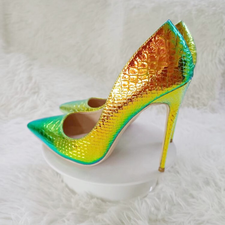 European and American New Style Laser Snake Pattern Gold-Green 12cm Pointed Toe Shallow Mouth Stiletto Heels Sexy Internet Celebrity Ultra-High Heel Women's Shoes