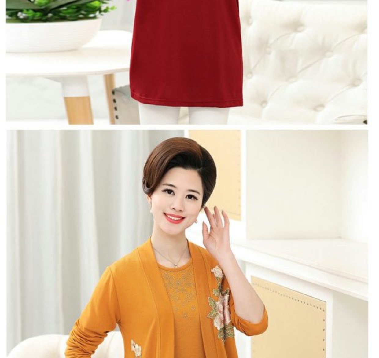 Áo phông nữ trung niên mùa xuân và mùa hè Áo thun hai dây dài tay dệt kim - Quần áo của mẹ đầm u40 sang trọng