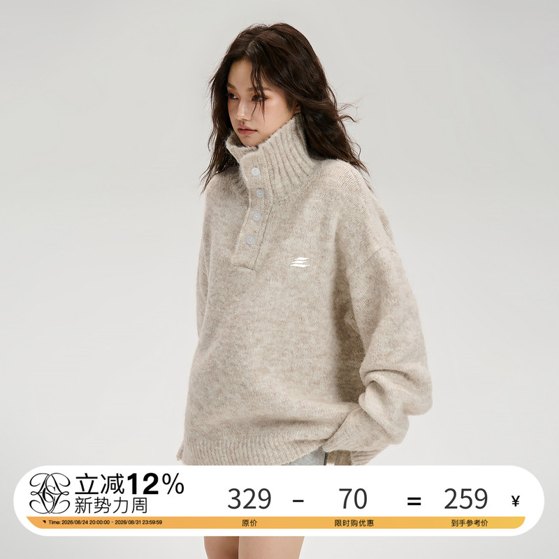 Lostctrl Autumn New Embroidered Logo Blended Lazy Style Relaxed High Collar Buttoned Loose Sweater