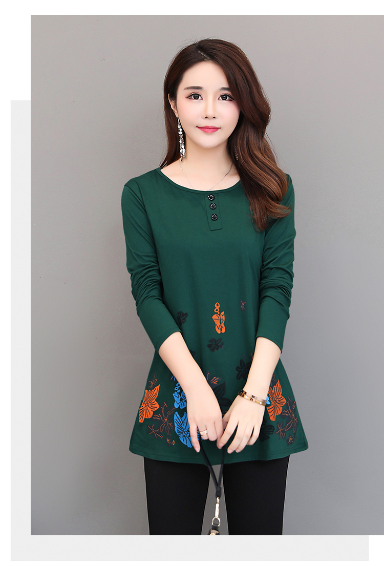 Áo sơ mi đẫm máu của mẹ cộng với phân bón XL Quần áo mùa thu của phụ nữ bên ngoài mặc áo sơ mi trung niên áo thun cotton dài tay áo phông cao cấp