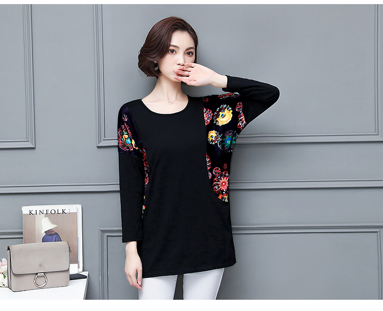 Trung niên và già cộng phân bón XL áo thun nữ mùa thu dài tay cho mẹ béo tải 200 kg áo sơ mi cotton - Quần áo của mẹ đồ mặc nhà trung niên