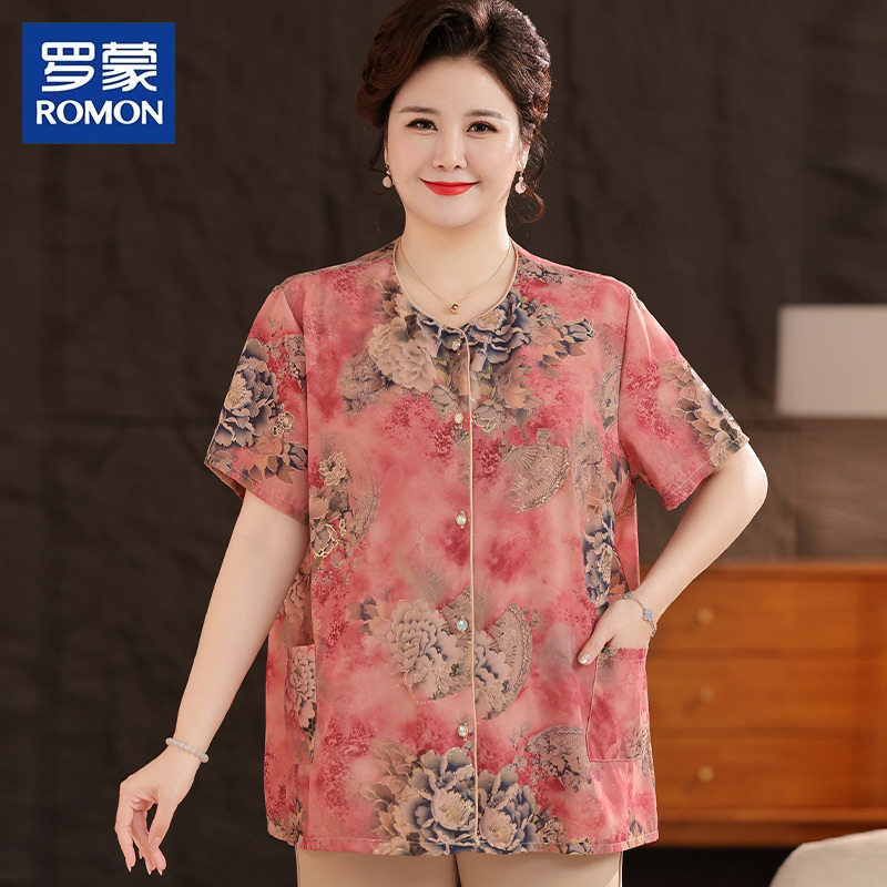 Romon Plus-Size Summer Short-Sleeve Shirt for Mothers, Fat Grandma Tang Suit Top, Extra-Large Shirt for Middle-Aged and Elderly Women