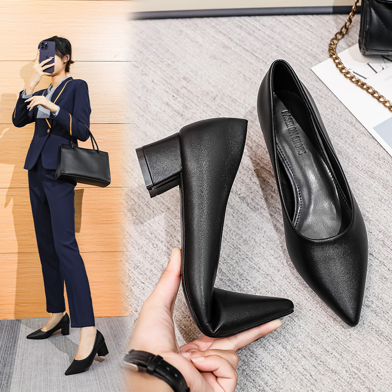 Flight Attendants Can Stand for Long Periods Without Getting Tired at Work. Work Shoes 2026 New Style Black Professional Interview Workwear Mid-Heel Thick Heel High-Heeled Shoes