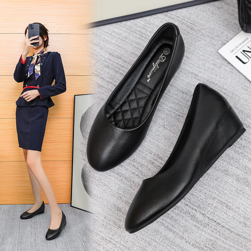 Women's Work Shoes, New Summer Style, Round Toe, Wedge Heel, Inner Height Increase, Black Professional Workwear, Comfortable Leather Shoes for Work, Single Shoes for Women