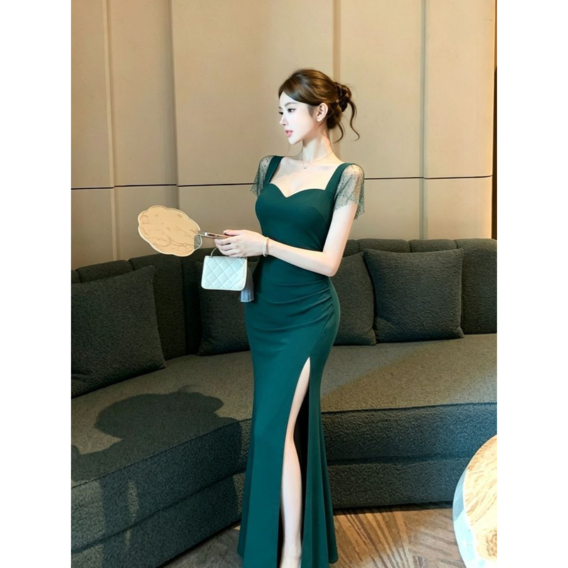 Hong Kong Style Retro Green Polka Dot Mesh Short-Sleeved Long Dress Slim Fit High Slit Fishtail Skirt Party Atmosphere Evening Dress Hong Kong Style Retro Green Polka Dot Mesh Short-Sleeved Long Dress Slim Fit High Slit Fishtail Skirt Party Atmosphere Evening Dress