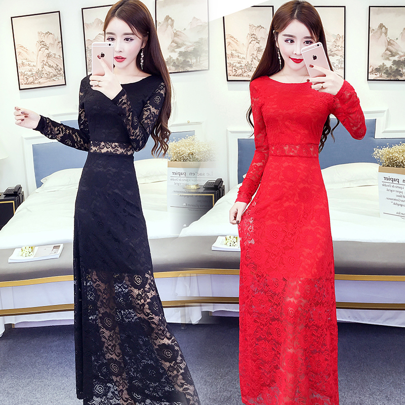 2026 Autumn and Winter New Women's Clothing Korean Style Socialite Elegant Waist-Cinching Lace Dress A-Line Niche Dress Long Dress 2026 Autumn and Winter New Women's Clothing Korean Style Socialite Elegant Waist-Cinching Lace Dress A-Line Niche Dress Long Dress