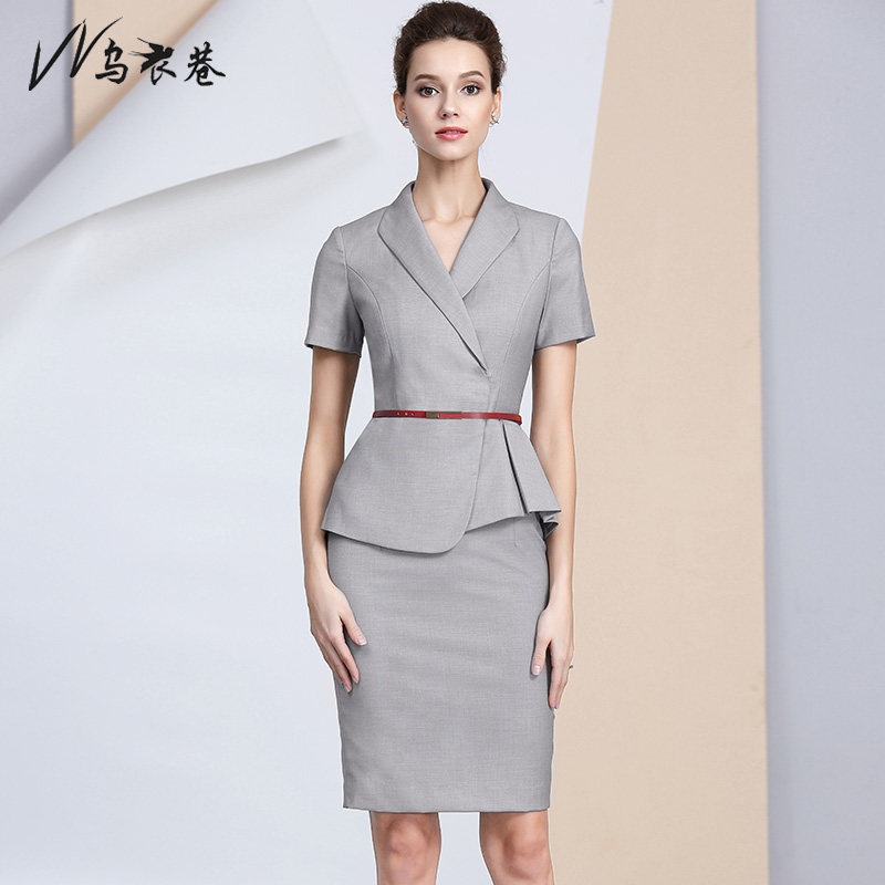 Summer fashion gray dress Work suit Femininity goddess Fan suit suit Sales hotel work clothes Short sleeves