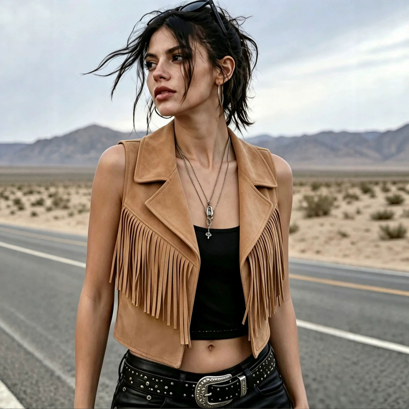 Travel Style Western Suede Fringe Short Vest for Women, Vintage Western Lapel Sleeveless Cardigan