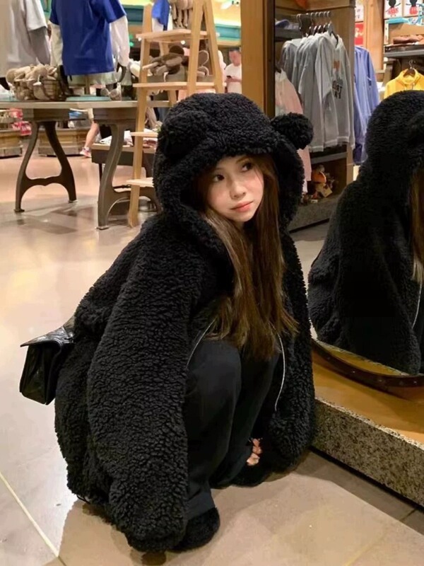 Lamb Wool Coat for Women 2025 Autumn and Winter New Style Cute Bear Ears Hooded Thickened Warm Plush Top Lamb Wool Coat for Women 2025 Autumn and Winter New Style Cute Bear Ears Hooded Thickened Warm Plush Top